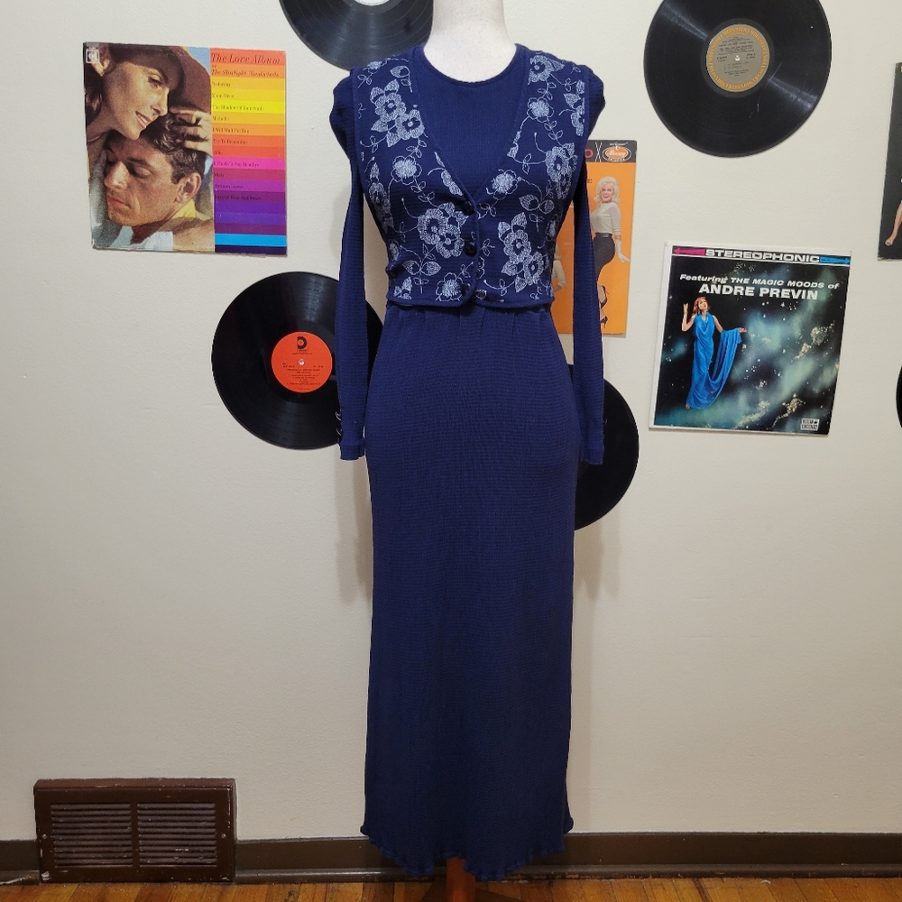 J.B.S. | 90s Vintage Blue Long Sleeve Vest Midi Dress